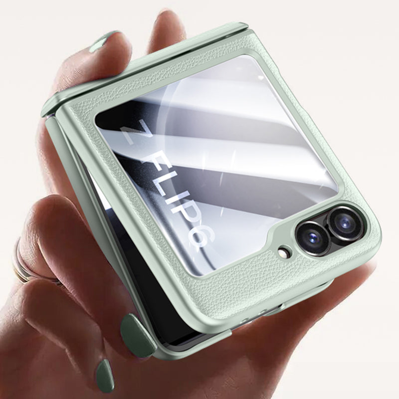 For Samsung Galaxy Z Flip6 5G Case Leather+PC Hinge Design Phone Cover with Rear Screen Film - Titanium Grey For Samsung Galaxy Z Flip6 5G Case Leather+PC Hinge Design Phone Cover with Rear Screen Film - Titanium Grey